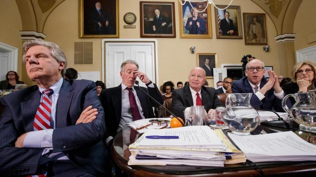 From left, Rep. Frank Pallone, D-N.J., the ranking member on the House Energy and Commerce Committee, Rep. Richard Neal, D-Mass., the ranking member on the House Ways and Means Committee, House Ways and Means Chairman Rep. Kevin Brady, R-Texas, Energy and Commerce Committee Chairman Greg Walden, R-Ore., and Budget Committee Chair Diane Black, R-Tenn., gather in the House Rules Committee to shape the final version of the Republican health care bill before it goes to the floor for debate and a vote, Wednesday, March 22, 2017, on Capitol Hill in Washington.