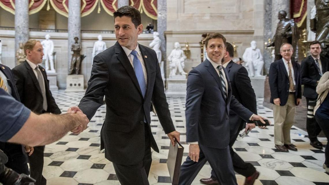 House Speaker Paul Ryan greets guests as he walks to the House Chamber on Capitol Hill in Washington, Thursday, May 4, 2017. House Republicans on Thursday passed a replacement health care bill that seemed dead six weeks ago.