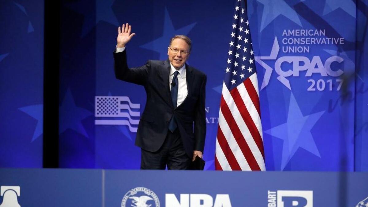National Rifle Association (NRA) Executive Vice President and Chief Executive Officer Wayne LaPierre arrives to speak at the Conservative Political Action Conference (CPAC), Friday, Feb. 24, 2017, in Oxon Hill, Md.