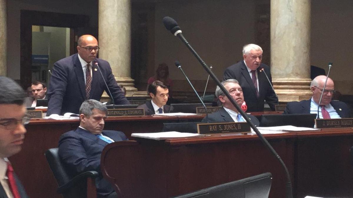 Sen. Reginald Thomas, D-Lexington, left, and Sen. Albert Robinson, R-London, debated a bill that would let businesses reject gay customers on religious grounds.
