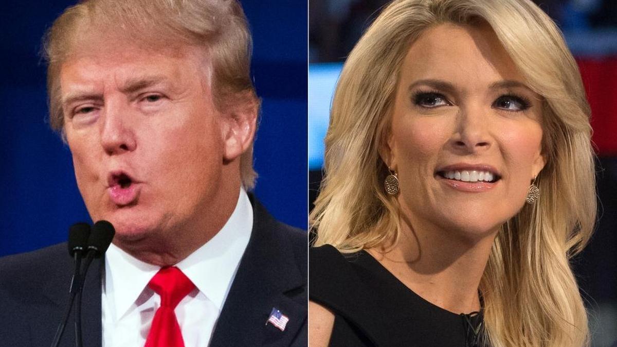 This combination of Aug. 6, 2015, photos shows Republican presidential candidate Donald Trump and Fox News Channel host and moderator Megyn Kelly during the first Republican presidential debate at the Quicken Loans Arena, in Cleveland.
