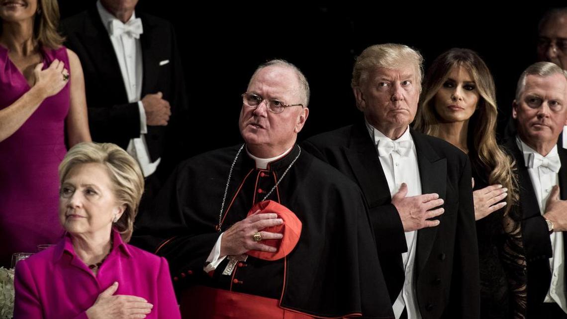 Democratic presidential nominee Hillary Clinton, Cardinal Timothy Dolan, Republican nominee Donald Trump and Melania Trump, together at the Alfred E. Smith Memorial Foundation Dinner on Thursday in New York.