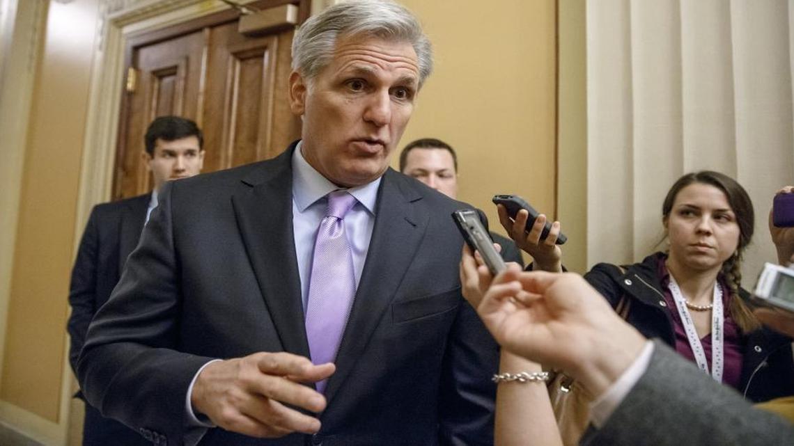 In this Nov. 17, 2014 file photo, House Majority Leader Kevin McCarthy of Calif., departs an orientation luncheon for newly-elected GOP members of the House, on Capitol Hill in Washington.