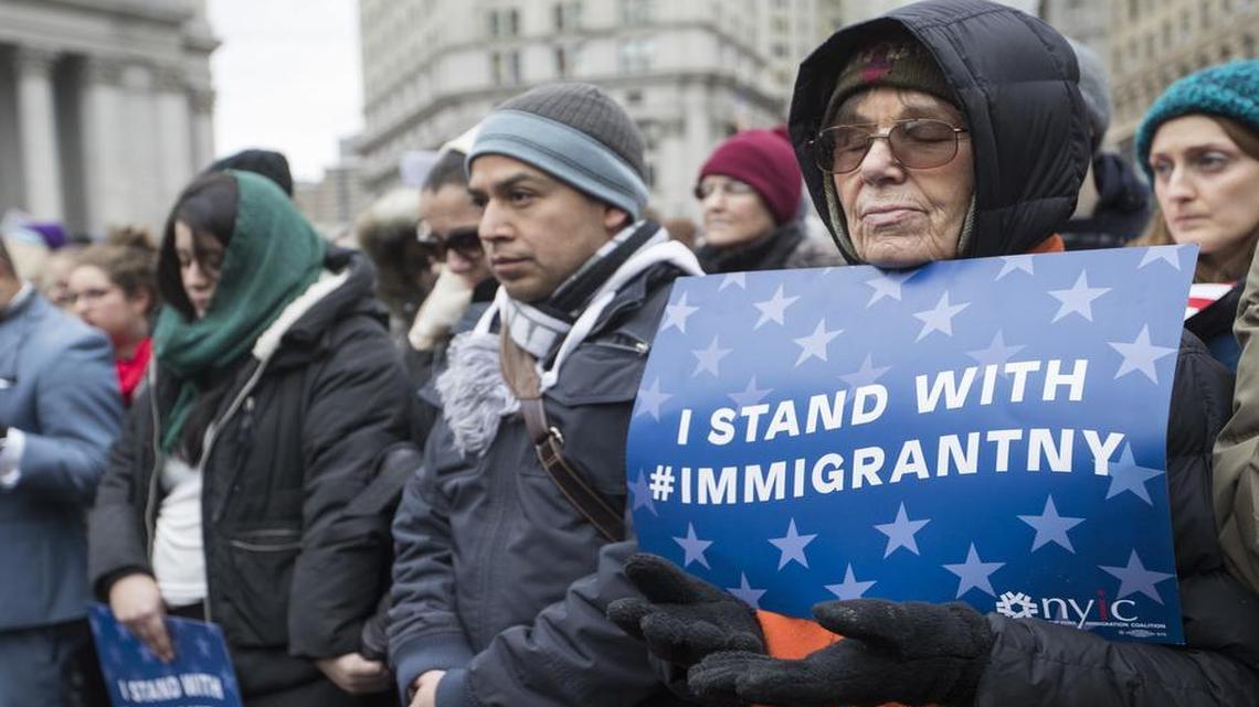 Demonstrators pray during Jummah, a Muslim Friday prayer service, in Foley Square, Jan. 27, 2017, in New York. The rally and prayer service sponsored by the New York Immigration Coalition and the Inter-Faith Clergy of New York City was in support of Muslims and immigrants.
