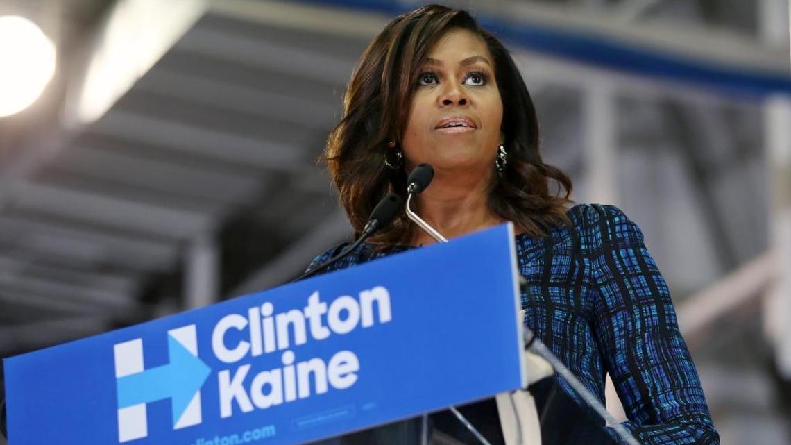 First lady Michelle Obama speaks at LaSalle University in Philadelphia, Wednesday, Sept. 28, 2016, as she campaigns for presidential candidate Hillary Clinton.