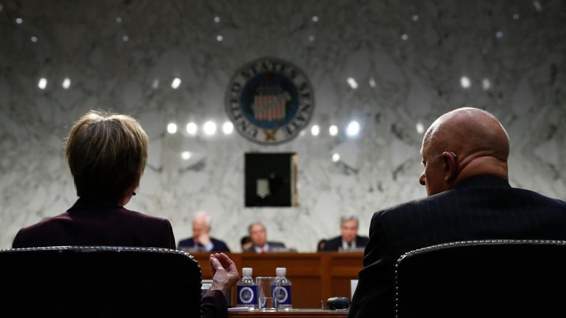 Former acting Attorney General Sally Yates, left, and former National Intelligence Director James Clapper, testify on Capitol Hill in Washington, Monday, May 8, 2017, before the Senate Judiciary subcommittee on Crime and Terrorism hearing: "Russian Interference in the 2016 United States Election."