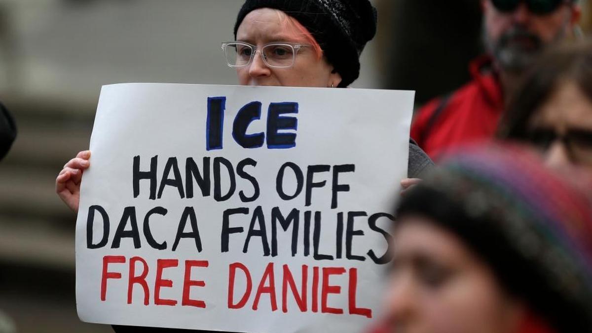 A protester outside the federal courthouse in Seattle, where a hearing was held for Daniel Ramirez Medina on Feb. 17, 2017.