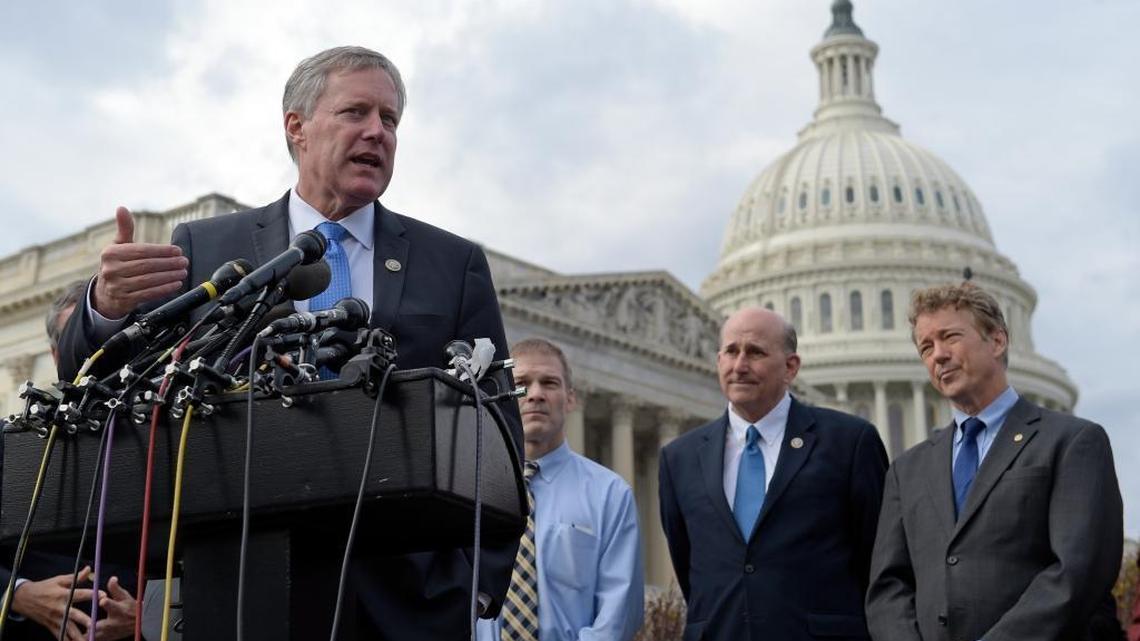 Rep. Mark Meadows, R-N.C., left, accompanied by, from second from left, Reps. Jim Jordan, R-Ohio, and Louie Gohmert, R-Texas, and Sen. Rand Paul, R-Ky., speaks about health care during a news conference on Capitol Hill in Washington, Tuesday, March 7, 2017.