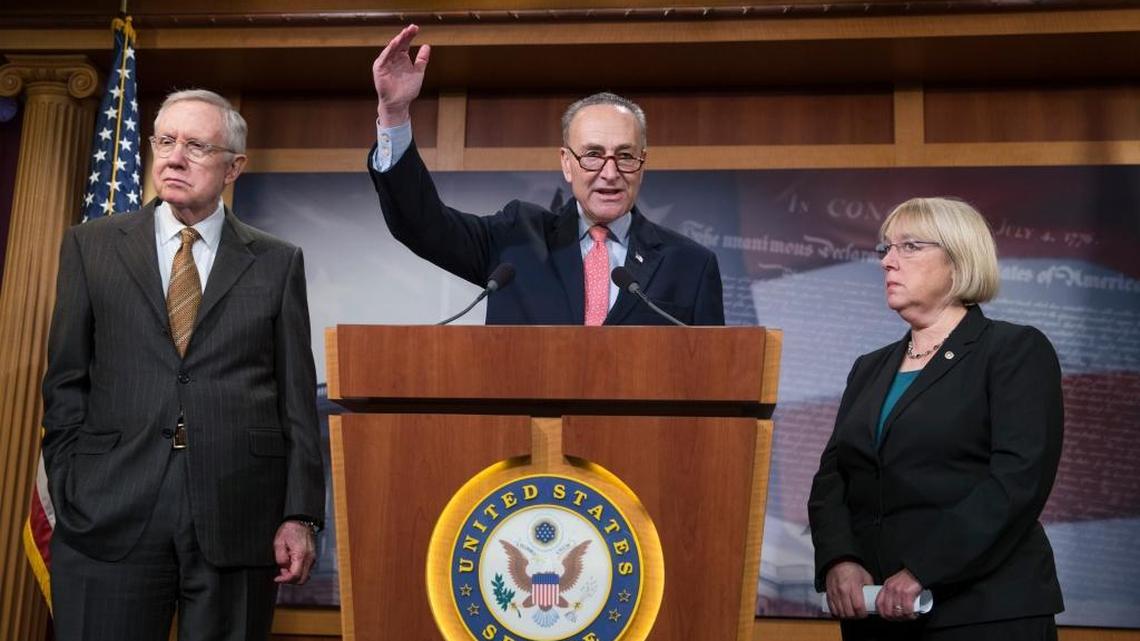 Senate Democrats, including Patty Murray of Washington state, right, and Chuck Schumer of New York, middle, promised a tough vetting Tuesday of Georgia Republican Rep. Tom Price, President-elect Donald Trump’s choice to become the next U.S. secretary of health and human services. Murray and Schumer are shown here at the Capitol with Senate Minority Leader Harry Reid, D-Nev., left, on Dec. 18, 2015.