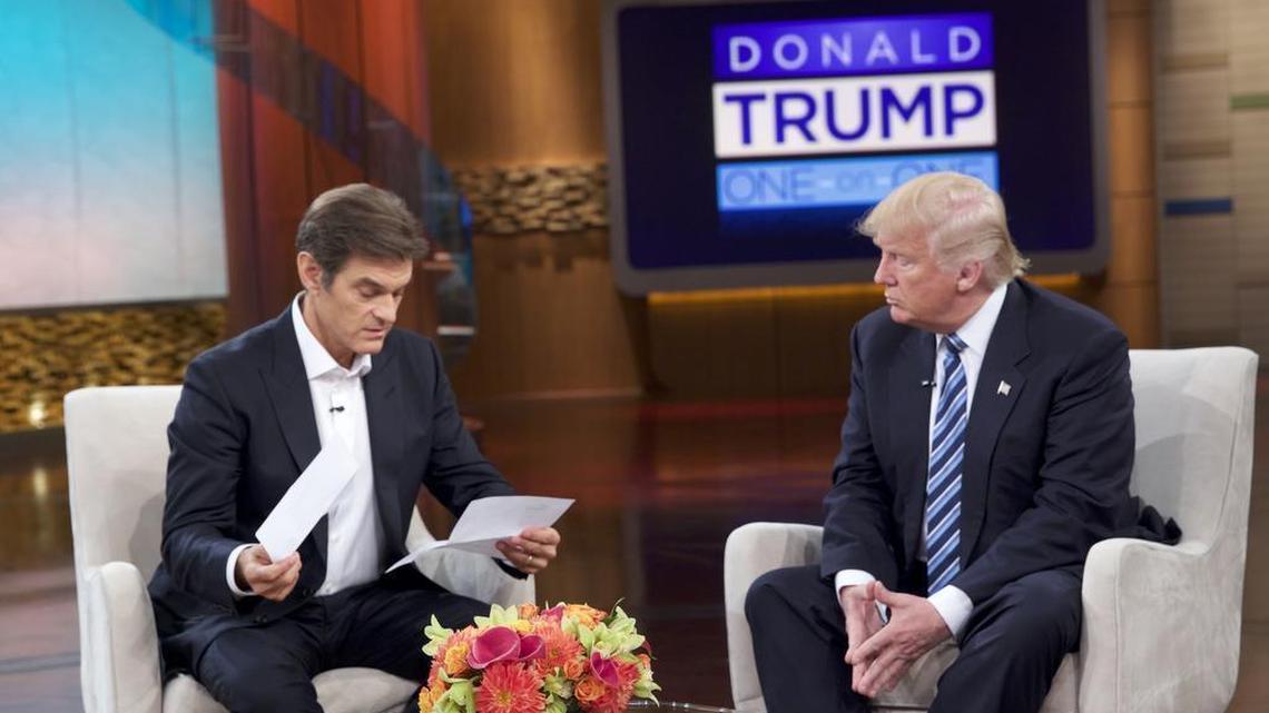 In this image released by the “Dr. Oz” show, host Mehmet Oz reads a medical record provided by Republican presidential candidate Donald Trump during a taping Wednesday in New York.