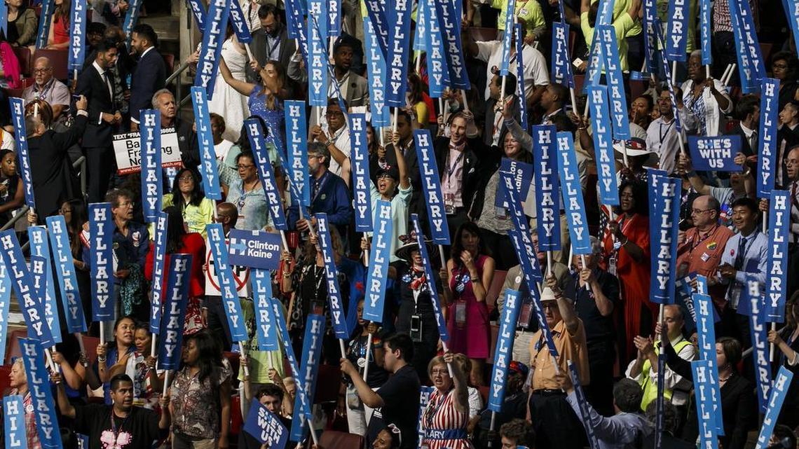 The crowd cheers for Sen. Barbara Mikulski and the Democratic Women of the Senate on the final night of the Democratic National Convention at the Wells Fargo Center in Philadelphia on Thursday, July 28, 2016.