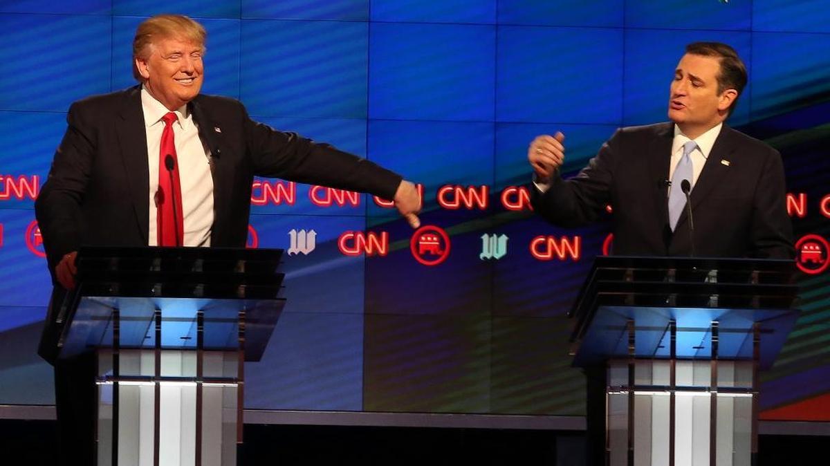 Republican presidential candidates Donald Trump and Sen. Ted Cruz during a GOP debate in March.