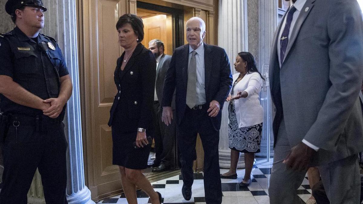 Sen. John McCain, R-Ariz. arrives on Capitol Hill in Washington, Tuesday, July 25, 2017, as the Senate was to vote on moving head on health care with the goal of erasing much of Barack Obama's law.