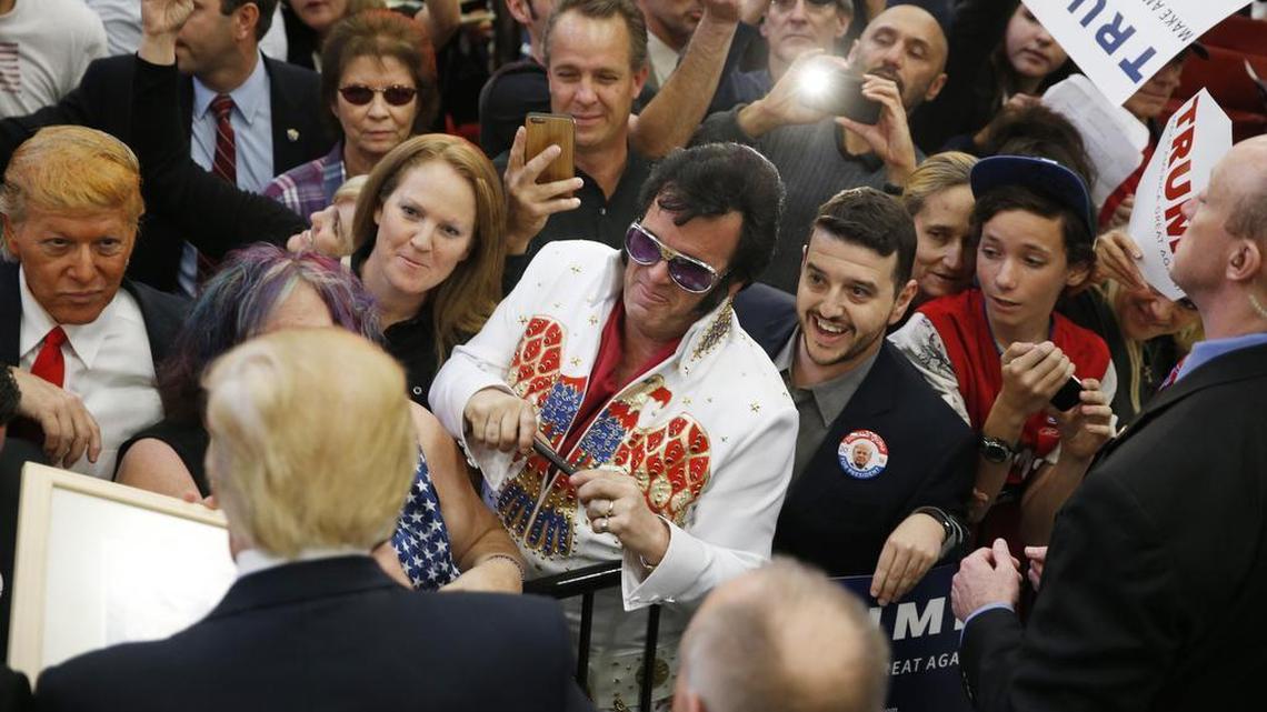 Republican presidential candidate Donald Trump meets with supporters at a campaign rally Monday, Feb. 22, 2016, in Las Vegas.