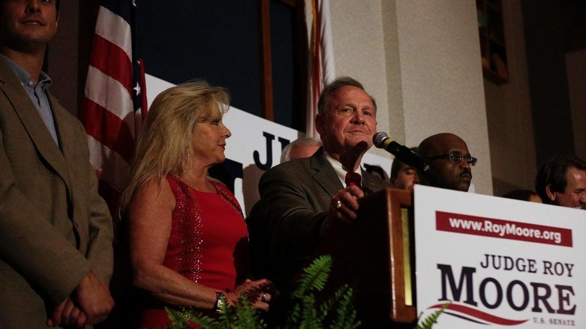 Former Alabama Chief Justice and U.S. Senate candidate Roy Moore during his election party, Tuesday, Sept. 26, 2017, in Montgomery, Ala. Moore won the Alabama Republican primary runoff for U.S. Senate on Tuesday, defeating an appointed incumbent backed by President Donald Trump and allies of Sen. Mitch McConnell.
