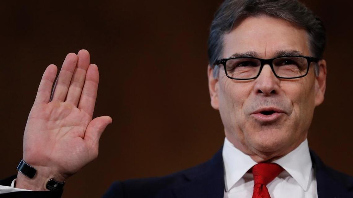 Former Texas Gov. Rick Perry, is sworn-in on Capitol Hill in Washington, Thursday, Jan. 19, 2017, prior to testifying at his confirmation hearing before the Senate Energy and Natural Resources Committee.