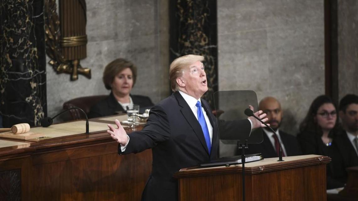 President Donald Trump gestures during his State of the Union speech in the House chamber of the U.S. Capitol on January 30, 2018 in Washington.