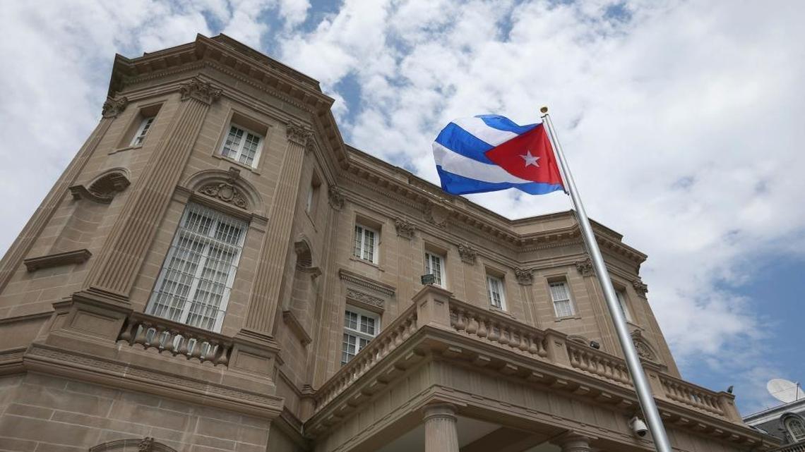 The Cuban flag shortly after it was raised at the Cuban Embassy in Washington July 20, 2015. A year later, relations remain tense between Cuba and the United States.