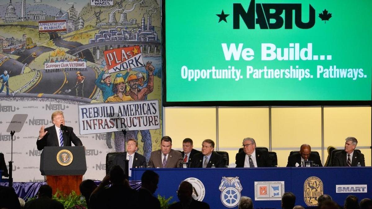 President Donald Trump speaks at the North America’s Building Trades Unions National Legislative Conference on Tuesday, April 4, 2017, at the Washington Hilton.