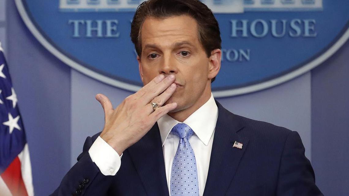 Incoming White House communications director Anthony Scaramucci, right, blowing a kiss after answering questions during the press briefing in the Brady Press Briefing room of the White House in Washington, Friday, July 21, 2017.