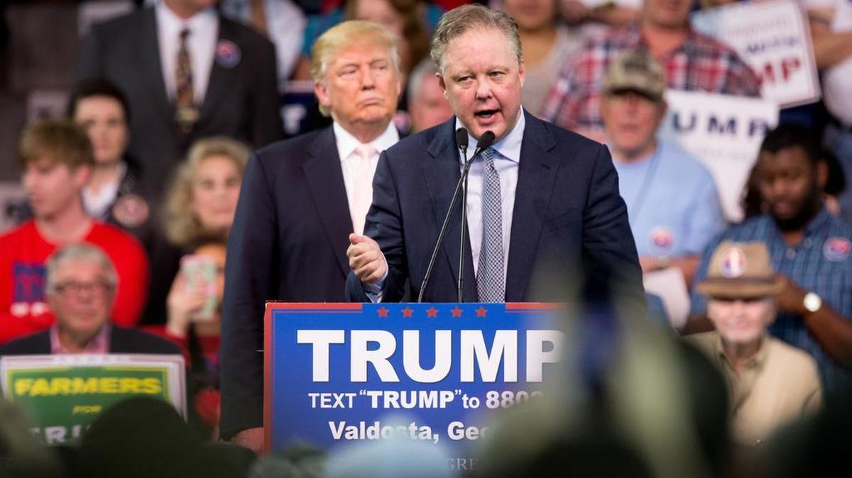 NASCAR Chairman and CEO Brian France, right, endorsed Republican presidential candidate Donald Trump, left, at a rally at Valdosta State University on Monday.