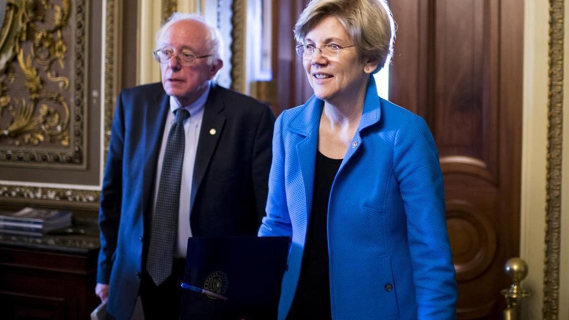 Sen. Bernie Sanders, I-Vt., and Sen. Elizabeth Warren, D-Mass., leave the Senate Democrats' policy luncheon on Tuesday, May 12, 2015.
