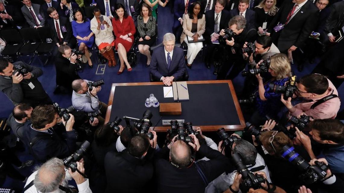 Supreme Court Justice nominee Neil Gorsuch arrives on Capitol Hill in Washington on Monday for his confirmation hearing before the Senate Judiciary Committee.