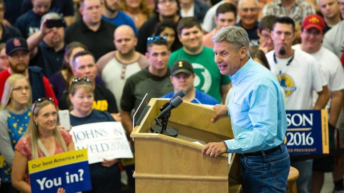 Libertarian presidential candidate Gary Johnson speaks during a campaign rally at Grand View University in Des Moines, Iowa.