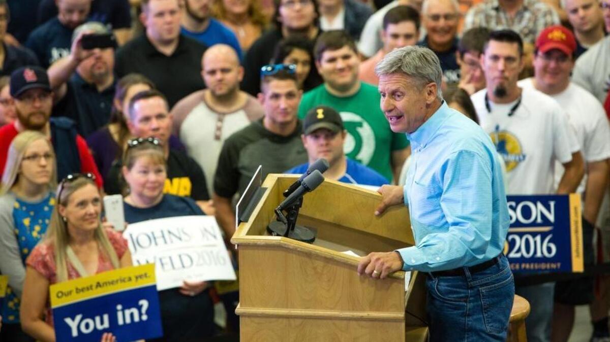 Libertarian presidential candidate Gary Johnson speaks during a campaign rally at Grand View University in Des Moines, Iowa.