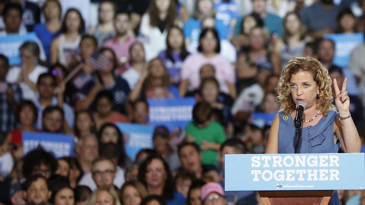 DNC Chairwoman, Debbie Wasserman Schultz speaks during a campaign event for Democratic presidential candidate Hillary Clinton in Tampa, Fla., on Friday. Wasserman Schultz resigned from her post Sunday under fire over stolen Democratic National Committee emails released by WikiLeaks. WikiLeaks has now released stolen voicemails from the organizaiton.