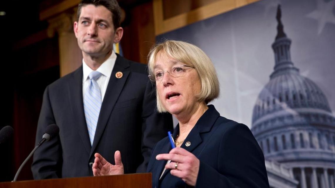 In her first television advertisement this week, Washington state Democratic Sen. Patty Murray touted her work on budget issues with Republican House Leader Paul Ryan of Wisconsin. In this photo on Dec. 10, 2013, Ryan, who then served as House Budget Committee chairman, and Murray, who headed the Senate Budget Committee, announced a tentative agreement between Republican and Democratic negotiators on a government spending plan at the U.S. Capitol in Washington.