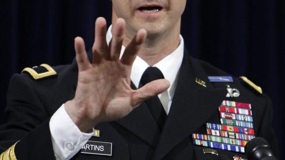 Brig. Gen. Mark Martins, the chief prosecutor for war crimes, at a May 6, 2012 news conference at Camp Justice, the U.S. Navy base at Guantánamo Bay, Cuba.
