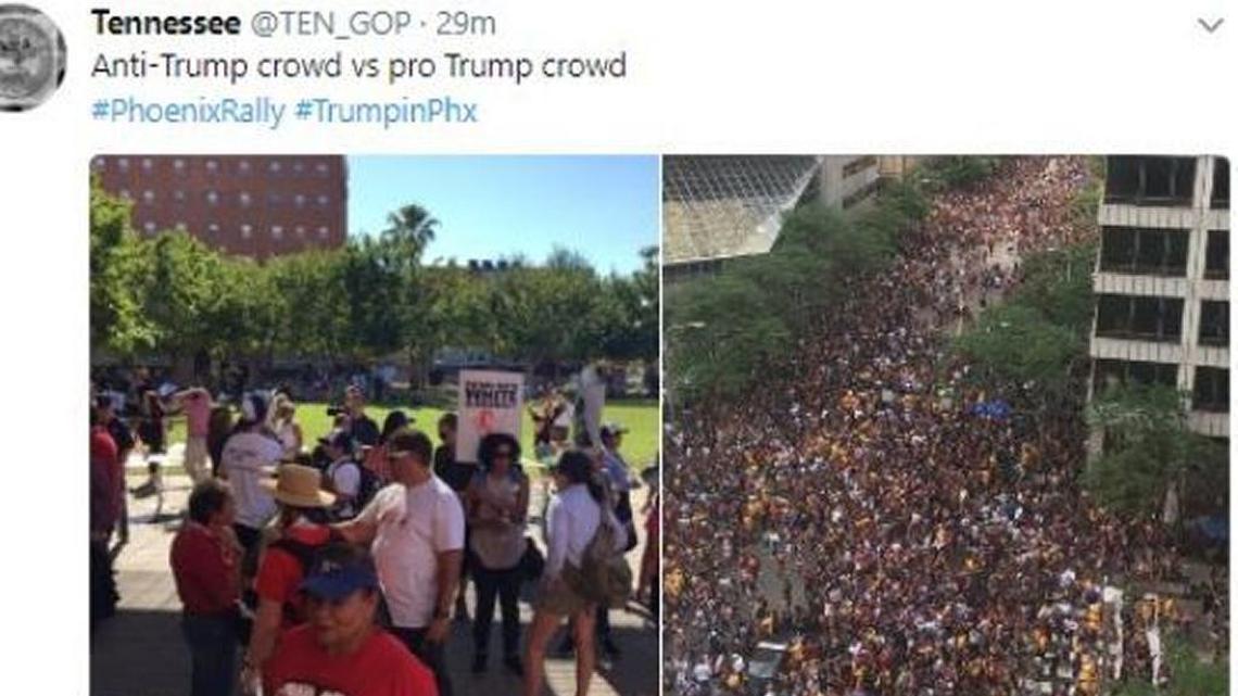 The @TEN_GOP Twitter account looked like an unofficial account for the Tennessee GOP when it posted a photo allegedly of supporters for President Donald Trump in Phoenix. But the photo was of the Cleveland parade after the 2016 Cavaliers championship win and the account was actually a fabricated account from a Russia troll farm.