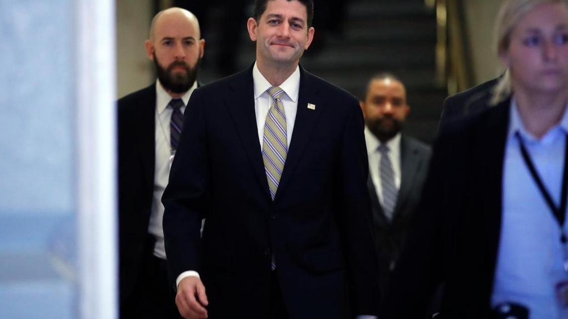 House Speaker Paul Ryan of Wis., arrives for a meeting with House Republicans and President Donald Trump, Thursday. Trump urged House Republicans Thursday to approve a near $1.5 trillion tax overhaul.