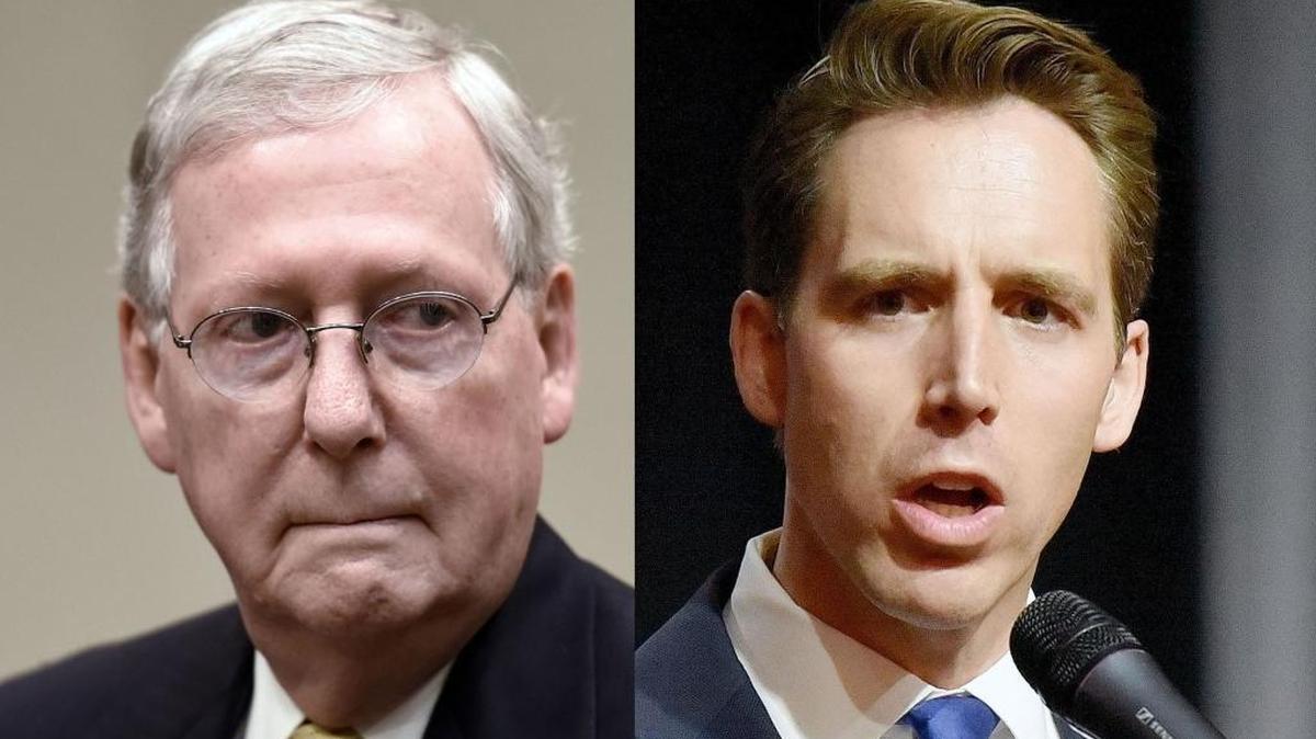 Senate Majority Leader Mitch McConnell (left) and Missouri Attorney General Josh Hawley, a candidate for U.S. Senate in 2018.