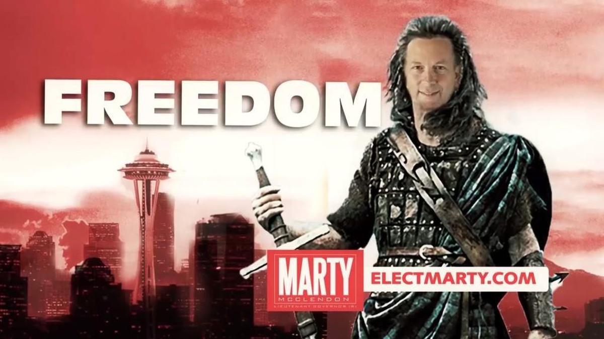 An ad from Republican Marty McClendon recalls the rallying cry of Mel Gibson’s character in the 1995 movie “Braveheart.” McClendon is looking to become Washington’s next lieutenant governor.