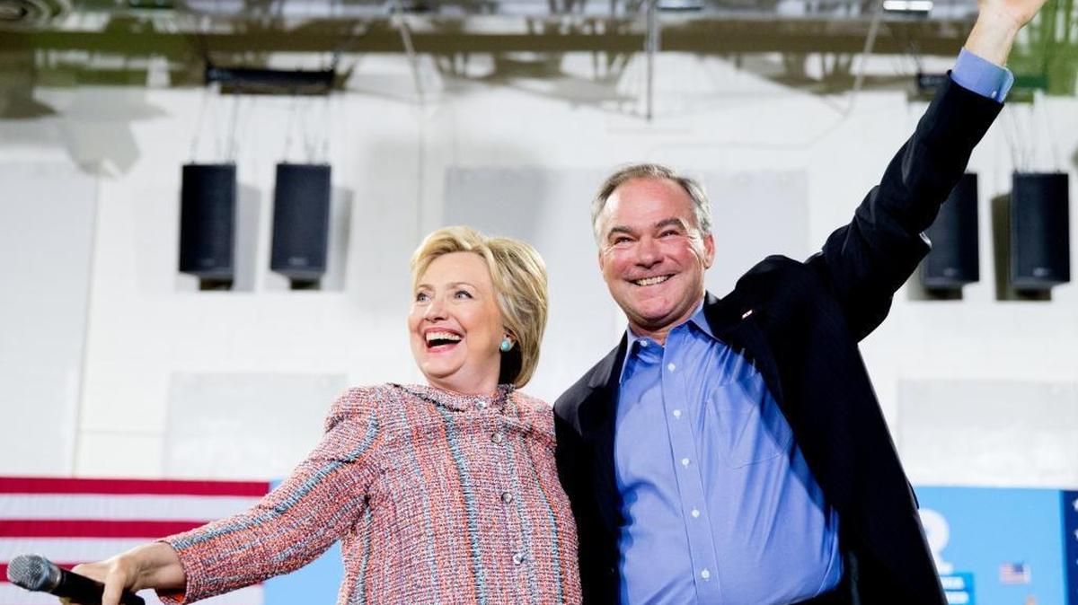 Democratic presidential candidate Hillary Clinton and Sen. Tim Kaine, D-Va., participate in a rally at Northern Virginia Community College in Annandale on Thursday, July 14, 2016. Kaine has been rumored to be one of Clinton's possible vice president choices.