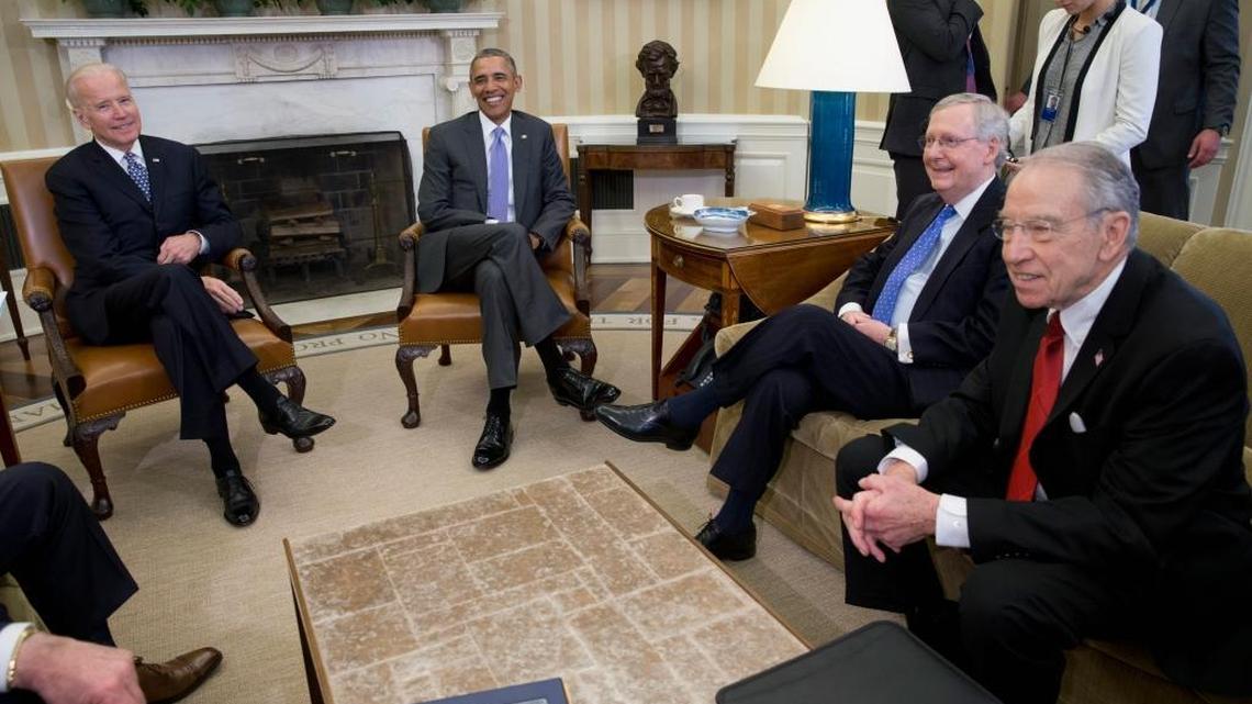 President Barack Obama meets with, from left, Vice President Joe Biden, Senate Majority Leader Mitch McConnell of Ky., and Senate Judiciary Committee Chairman Sen. Chuck Grassley, R-Iowa, in the Oval Office of the White House in Washington, Tuesday, March 1, 2016, to discuss the vacancy in the Supreme Court. Senate Republican leaders are vowing to block the president's Supreme Court nominee, no matter who it is, with the hope of keeping the seat open for a Republican president to fill next year.