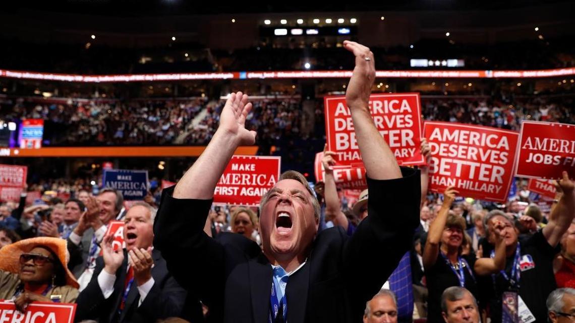 New York delegate David DiPietro reacts during the third day session of the Republican National Convention in Cleveland, Wednesday, July 20, 2016. Republicans are worried that Trump’s language is preventing the GOP from being an inclusive party going forward.