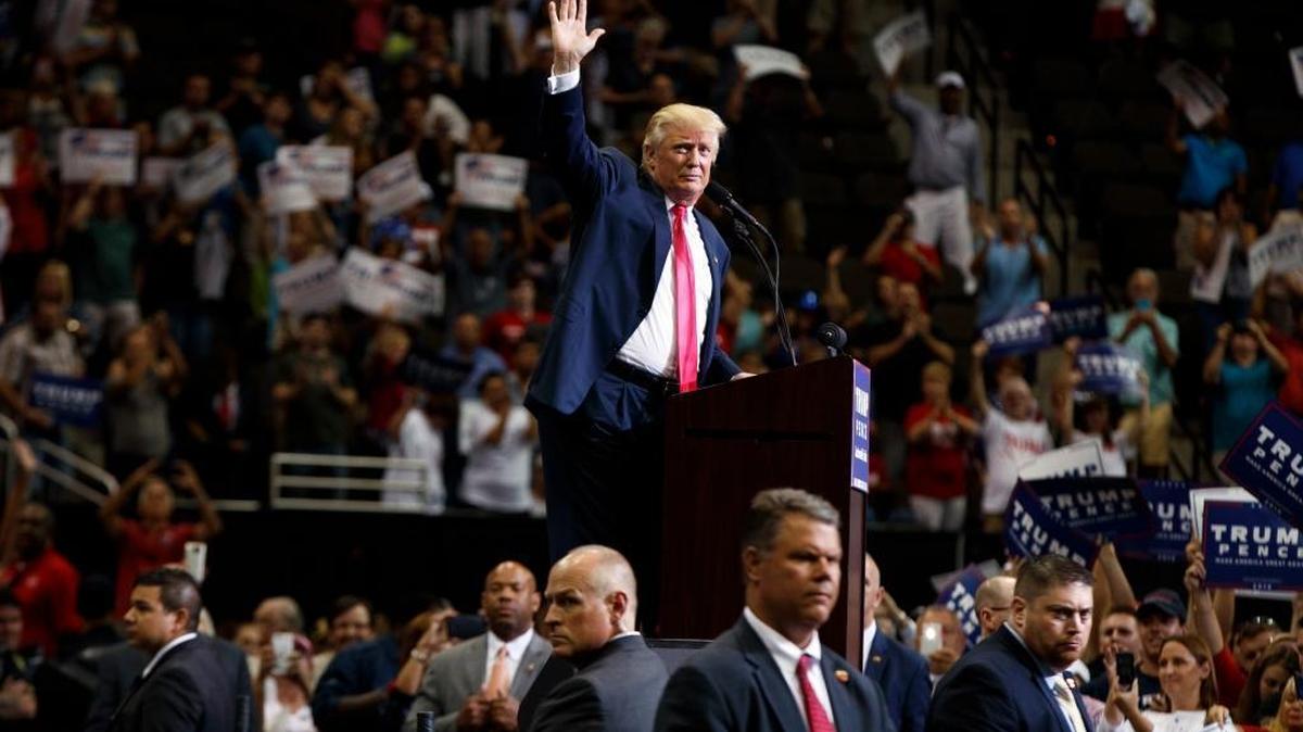 Republican presidential candidate Donald Trump waves after speaking during a campaign rally at Jacksonville (Fla.) Veterans Memorial Arena Wednesday.