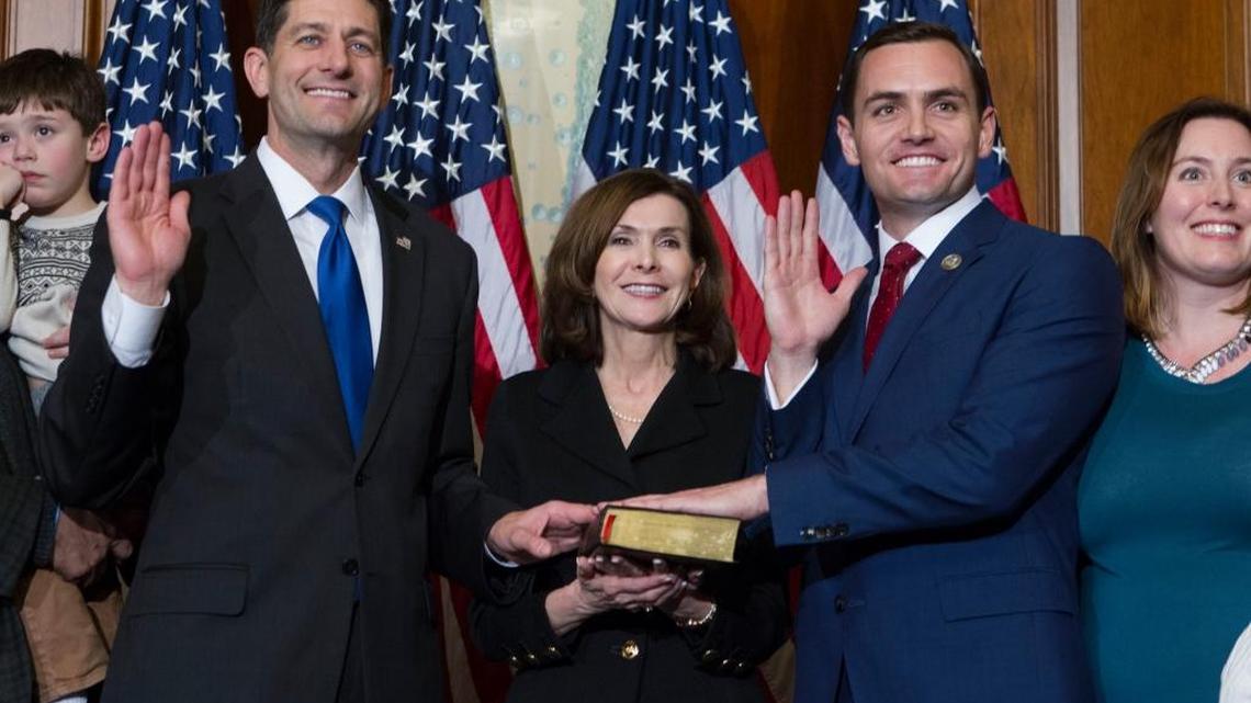 House Speaker Paul Ryan of Wis. administers the House oath of office to Rep. Mike Gallagher, R-Wis. during a mock swearing in ceremony on Capitol Hill in Washington, Tuesday, Jan. 3, 2017. Gallagher is already being discussed as a future leader of the party.