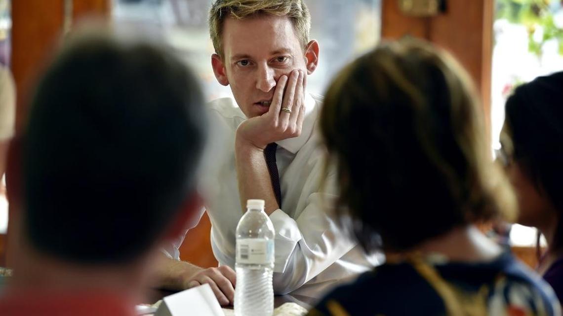 Jason Kander, candidate for U.S. Senate, listened to small business owners in September, in St. Joseph, Missouri. A Capitol Hill newspaper ranked him as the candidate most likely to determine control of the Senate.
