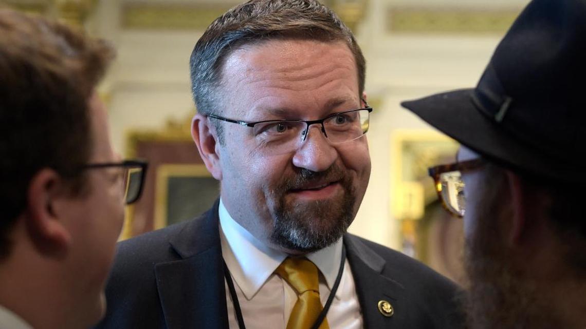 Deputy assistant to President Trump, Sebastian Gorka, talks with people in the Treaty Room in the Eisenhower Executive Office Building on the White House complex in Washington on May 2 during a ceremony commemorating Israeli Independence Day.
