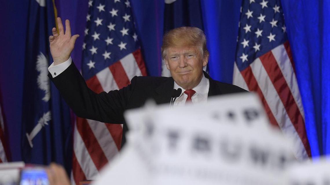 Republican presidential candidate Donald Trump, after winning the South Carolina primary, speaks to supporters at the Spartanburg Marriott in Spartanburg, S.C., on Saturday, Feb. 20, 2016.