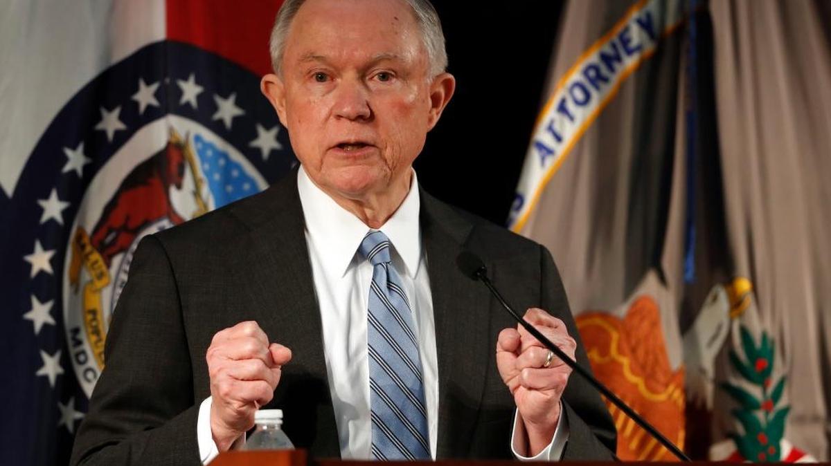 Attorney General Jeff Sessions speaks about crime to local, state and federal law enforcement officials Friday, March 31, 2017, in St. Louis.