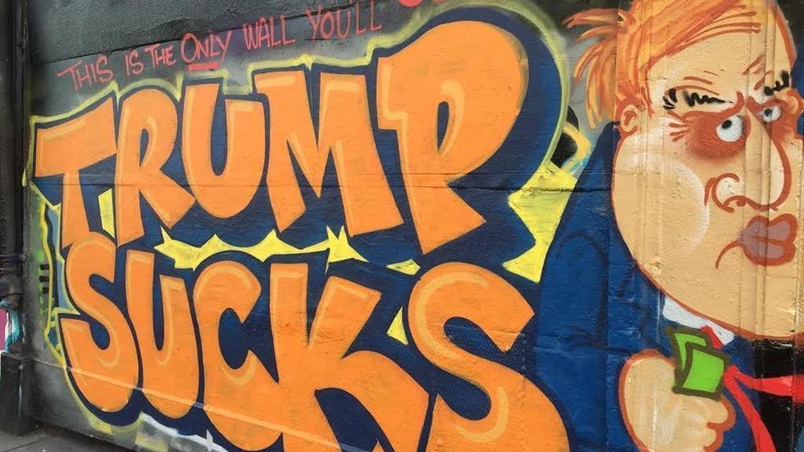 As seen on April 8, 2016, a wall in San Francisco has been painted to show dissatisfaction with Donald Trump’s plan to build a wall at the U.S.-Mexican border.