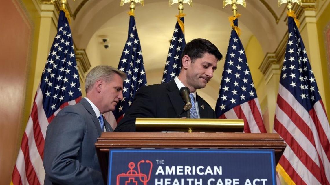 House Speaker Paul Ryan of Wis., right, takes his notes as he and House Majority Whip Kevin McCarthy, R-Calif., walk away following a news conference on the American Health Care Act on Capitol Hill in Washington, Tuesday, March 7, 2017.