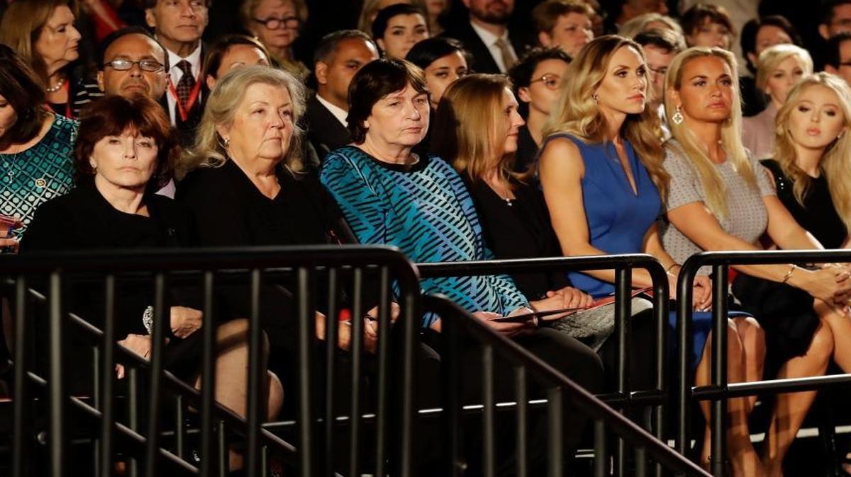 From left, Kathleen Willey, Juanita Broaddrick and Kathy Shelton wait for the second presidential debate between Republican presidential nominee Donald Trump and Democratic presidential nominee Hillary Clinton at Washington University in St. Louis, Sunday, Oct. 9, 2016.