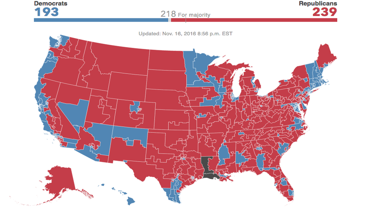 What the party breakdown in the House of Representatives will look like in 2017. Districts held by Republican are in red, those held by Democrats are in blue.