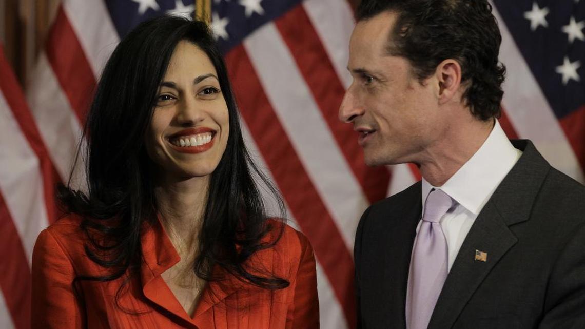 Rep. Anthony Weiner, D-N.Y., and his wife, Huma Abedin, aide to Secretary of State Hillary Rodham Clinton, are pictured after a ceremonial swearing in of the 112th Congress on Capitol Hill in Washington, Wednesday, Jan. 5, 2011.